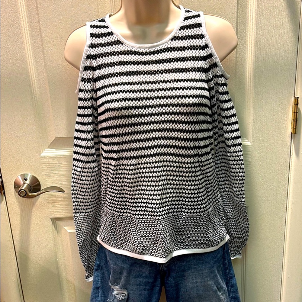 Rag & Bone Cold Shoulder Sheer Lightweight Sweater in Black and White